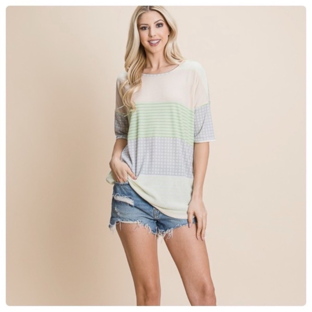 New Waffle Knit Pastel Color Block Short Sleeve Casual Top